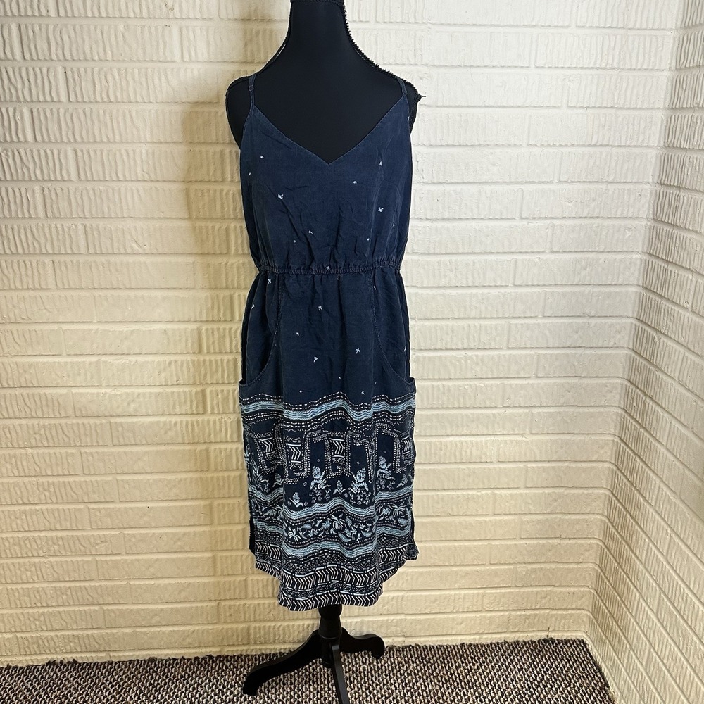 Patagonia Lost Wildflower Midi Sun Dress Size M Navy Blue Bird Floral Pockets